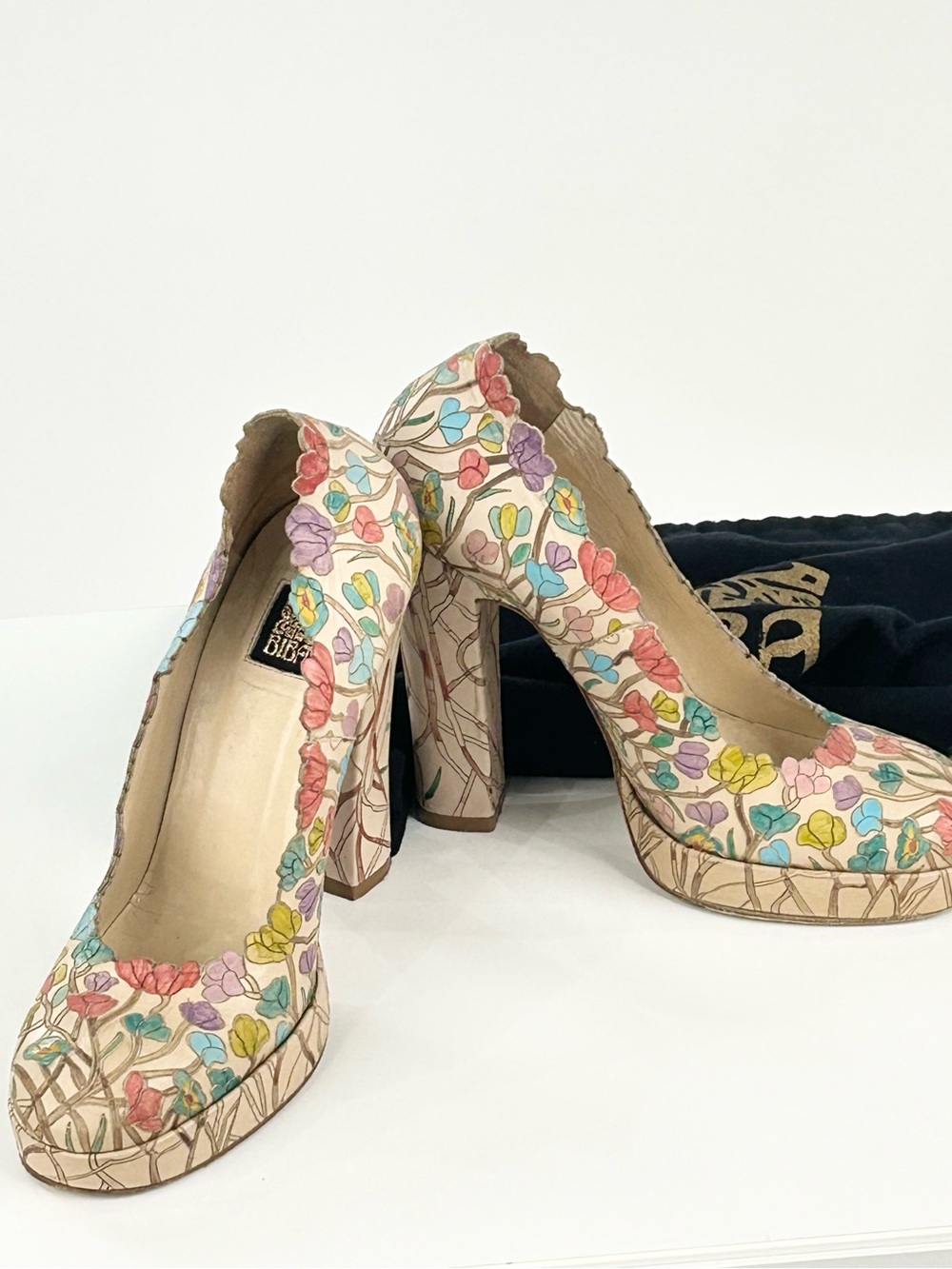 BIBA Italy Floral Leather Platform Pumps Block Heel Size 36